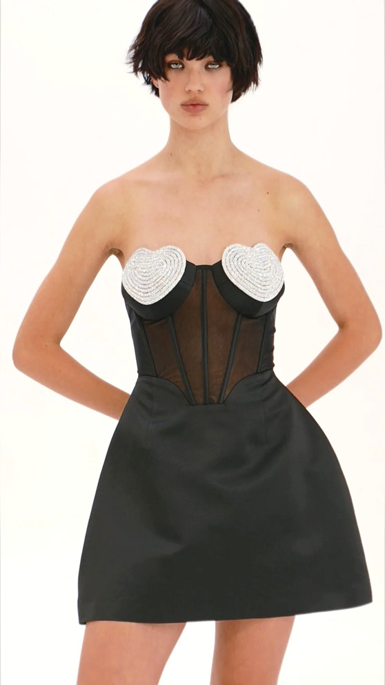 Strapless Heart Bustier A Line Dress Black