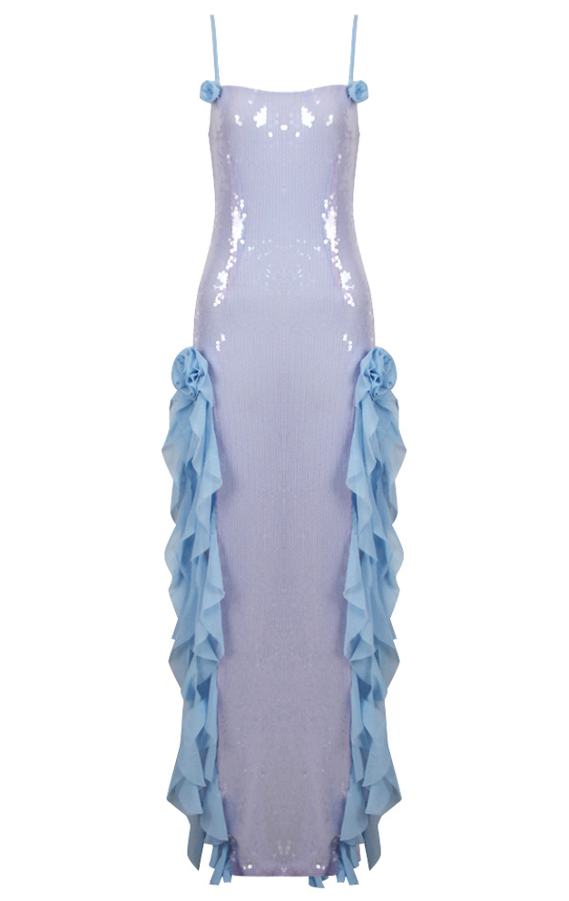 Flower Ruffle Detail Sequin Maxi Dress Silver Blue