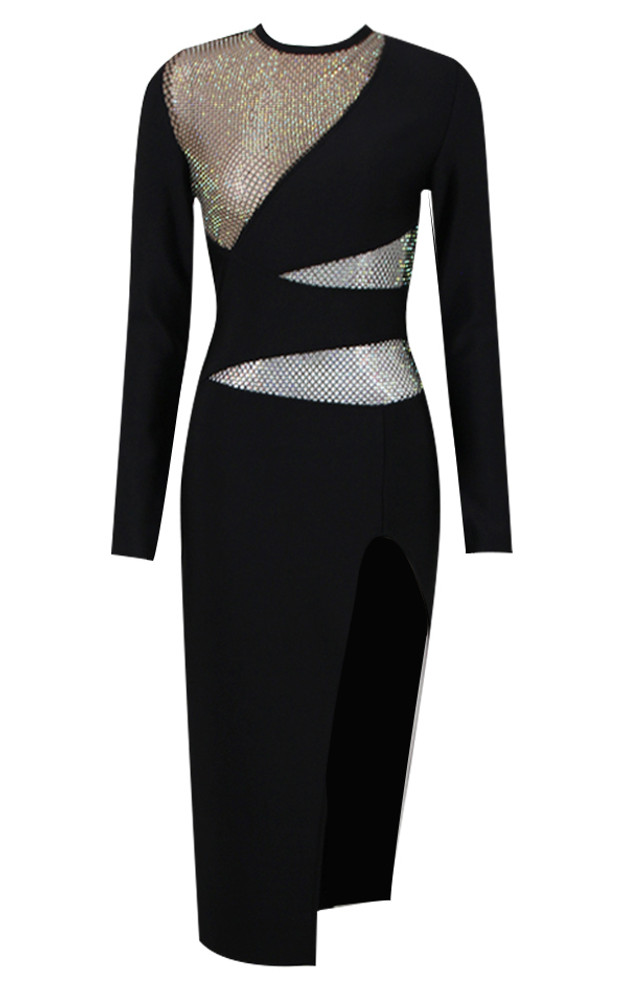 Long Sleeve Crystal Panel Midi Dress Black