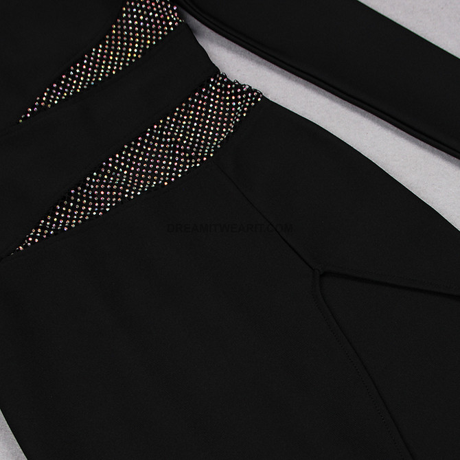 Long Sleeve Crystal Panel Midi Dress Black