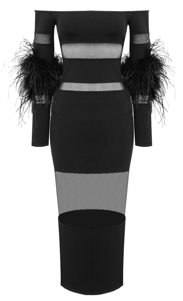 Feather Long Sleeve Off Shoulder Midi Dress Black