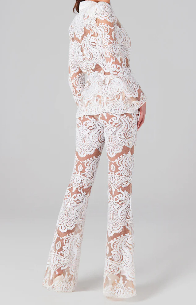 Long Sleeve Sequin Lace Suit White