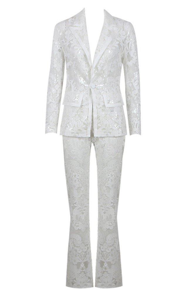 Long Sleeve Sequin Lace Suit White