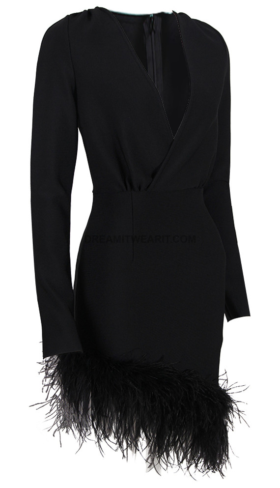 Long Sleeve Feather Asymmetric Hem Dress Black