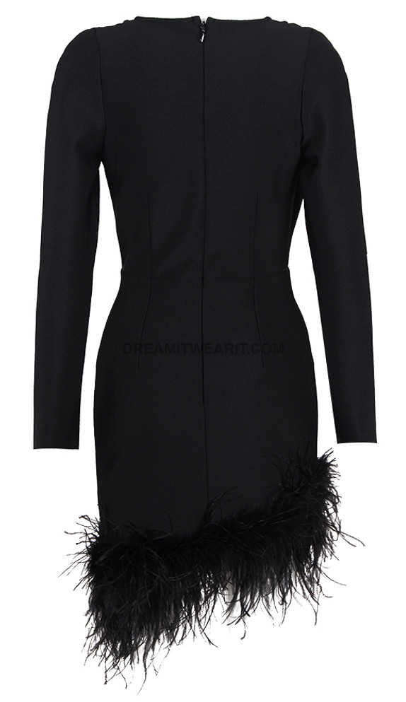 Long Sleeve Feather Hem Dress Black