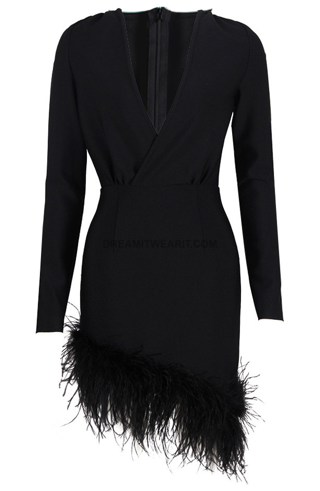 Long Sleeve Feather Asymmetric Hem Dress Black