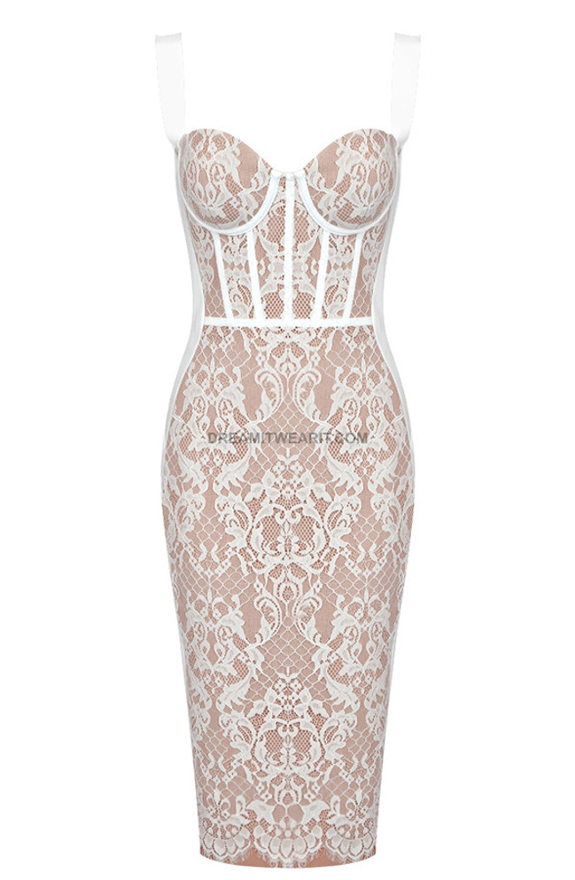 Lace Insert Bustier Midi Dress White