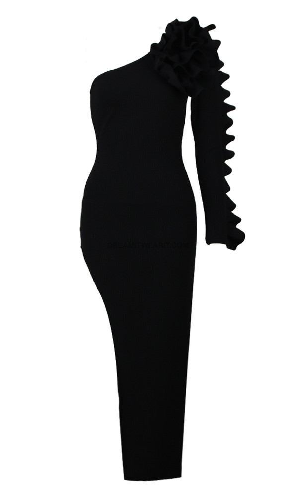 One Sleeve Ruffle Ribbed Midi Dress Black