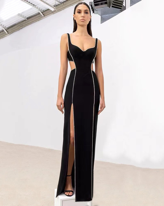 Crystal Trim Bustier Maxi Dress Black