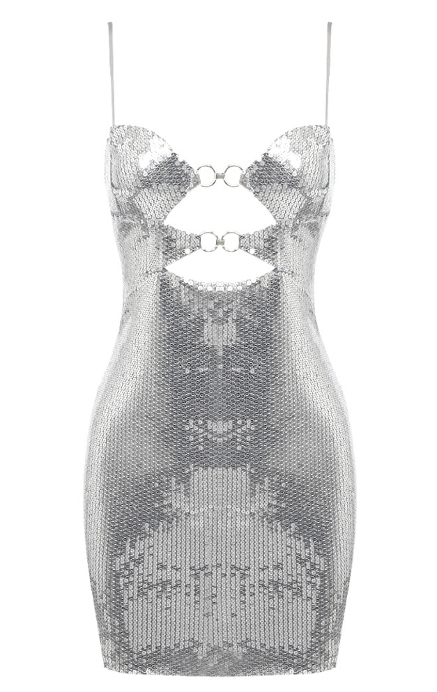 Cut Out Detail Sequin Dress Silver