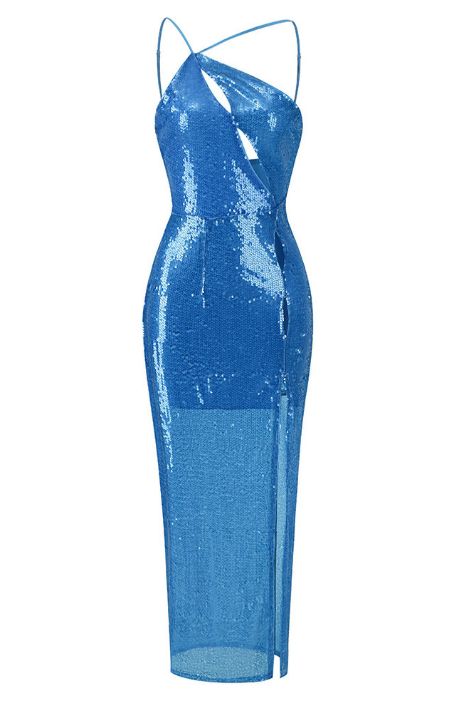 One Shoulder Cut Out Maxi Sequin Dress Blue