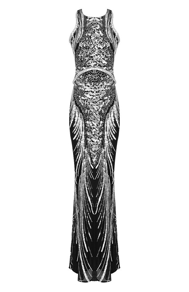 Sequined Maxi Dress Black Silver