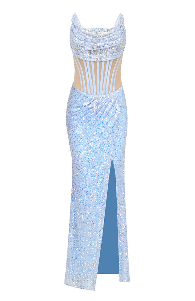 Strapless Draped Corset Sequin Dress Blue