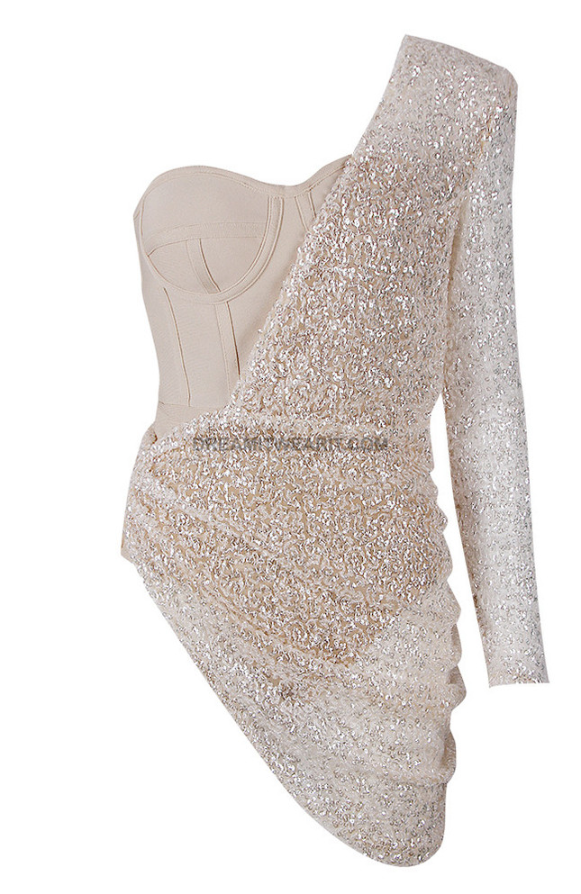 One Sleeve Crystal Bustier Dress Nude