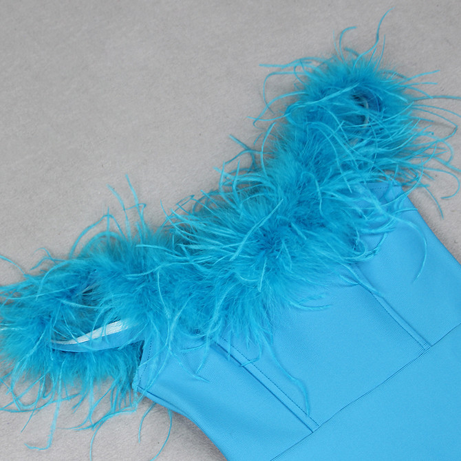 Feather Off Shoulder Maxi Dress Blue