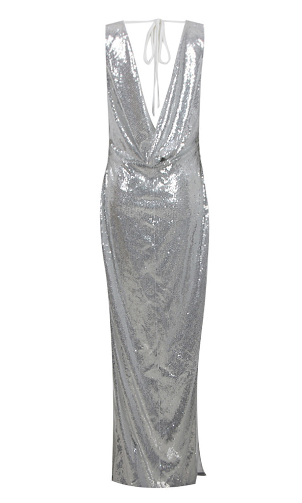 Draped Flower Detail Sequin Maxi Dress Silver