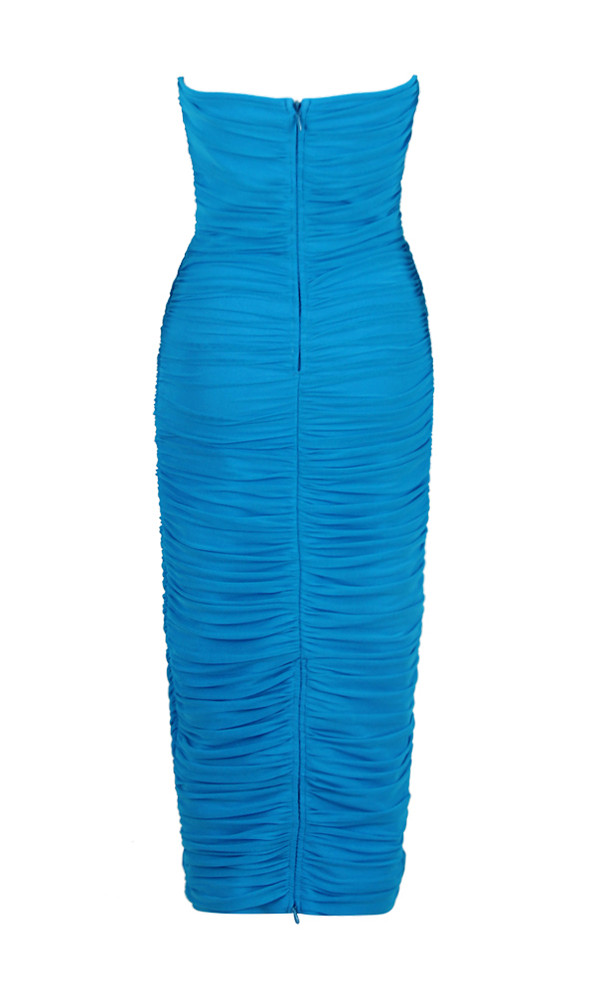 Strapless Ruched Midi Dress Blue
