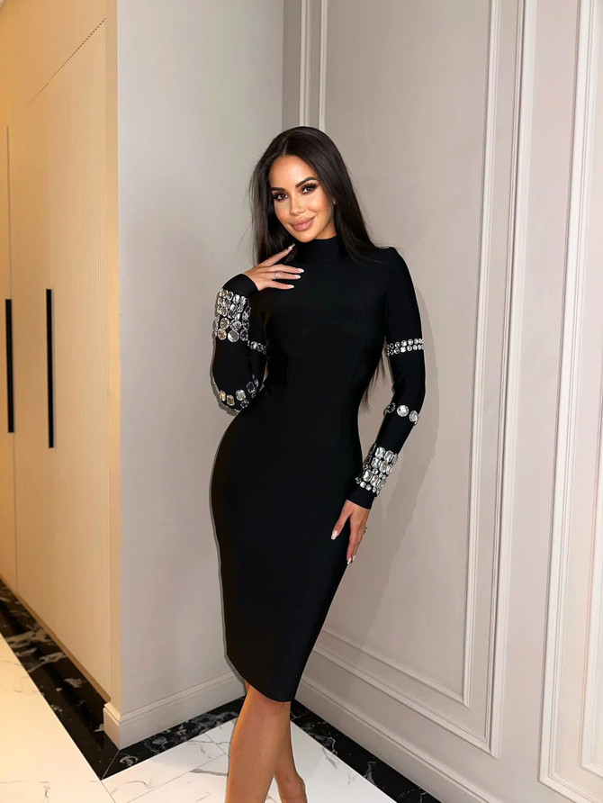 Crystal Long Sleeve Midi Dress Black