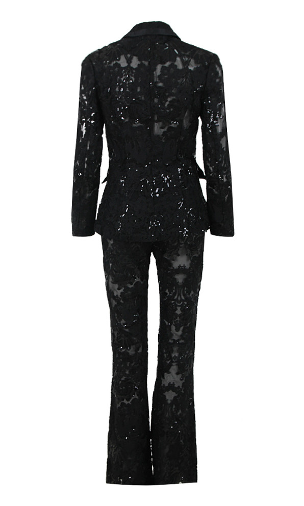 Long Sleeve Sequin Lace Suit Black