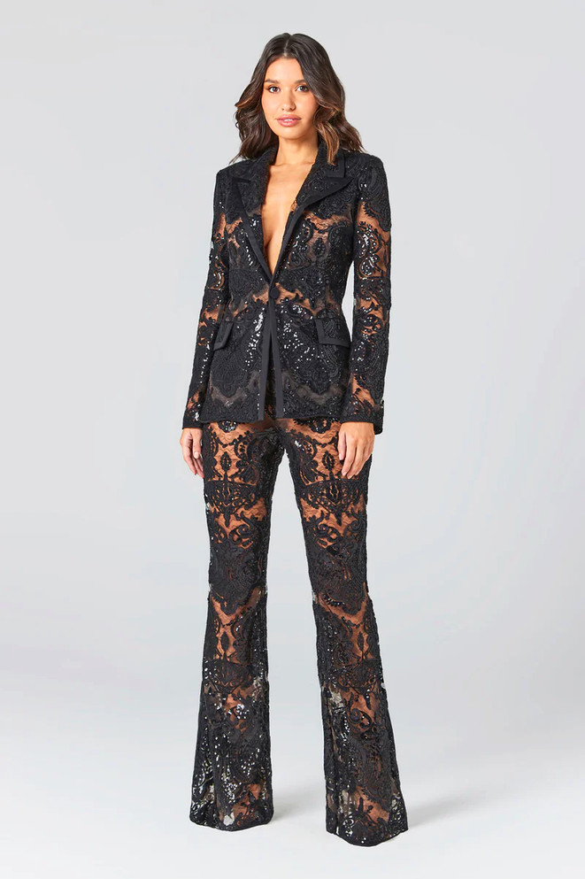 Long Sleeve Sequin Lace Suit Black