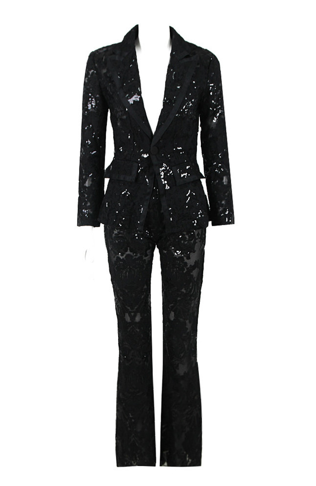 Long Sleeve Sequin Lace Suit Black