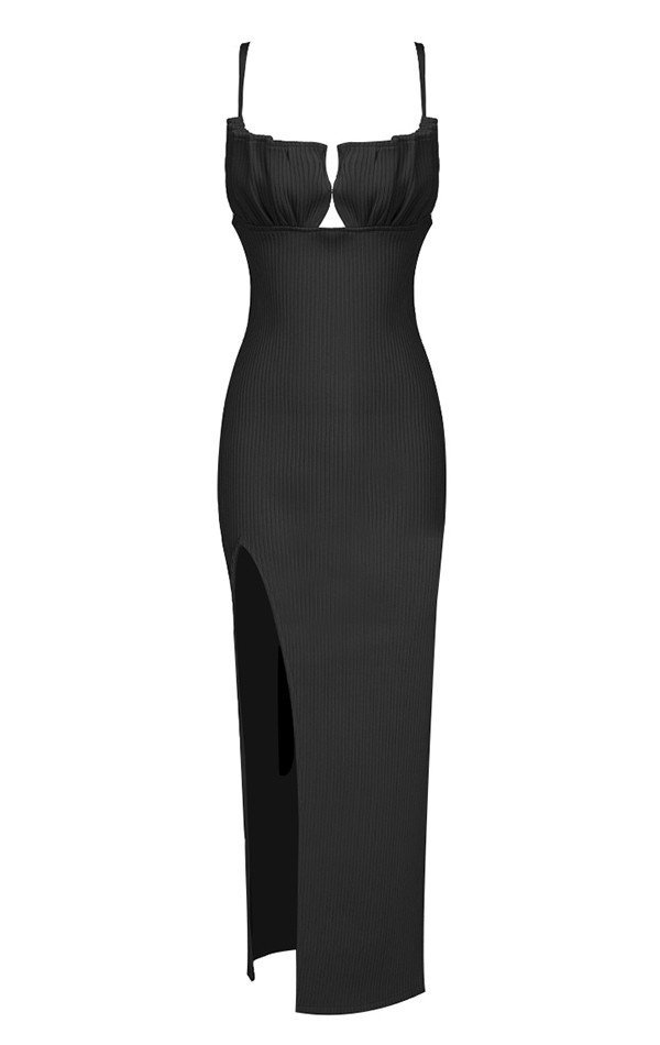 Draped Bustier Ribbed Midi Dress Black - Luxe Midi Dresses and