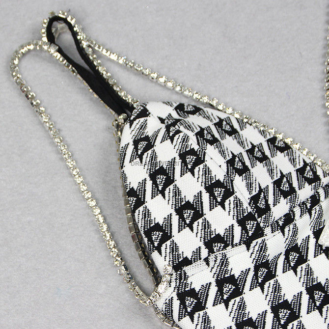 Houndstooth Crystal Strap Dress Black White