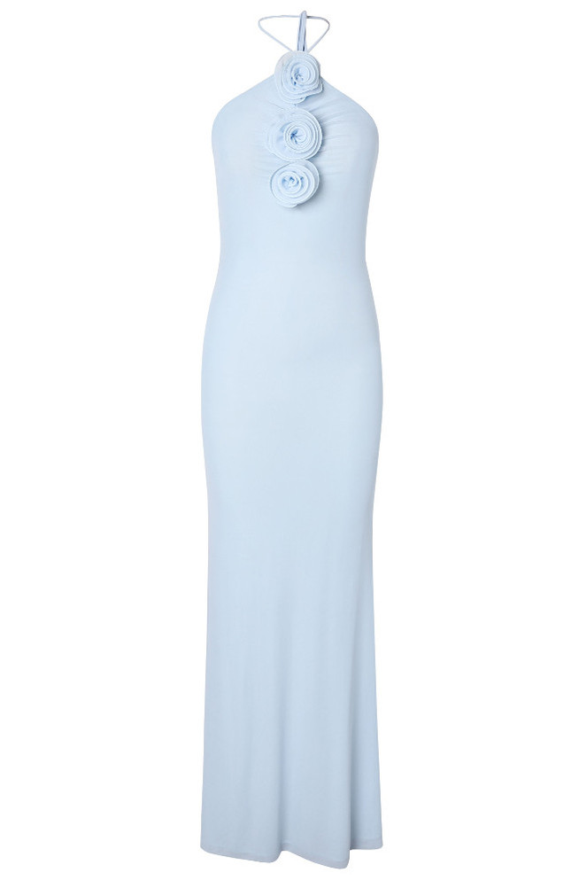 Halter Flower Detail Maxi Dress Light Blue