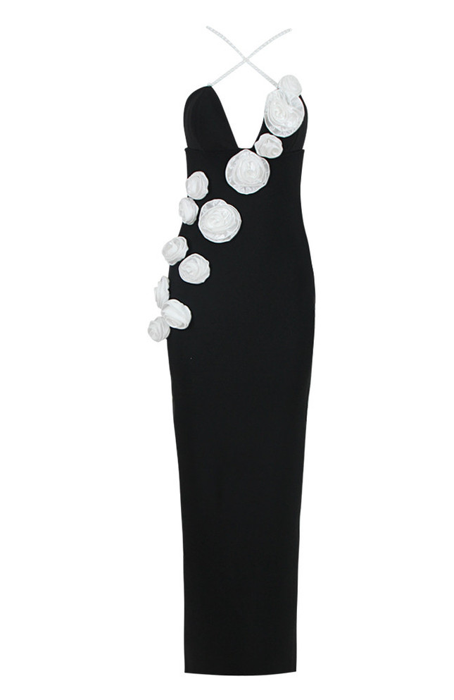 Flower Detail Pearl Straps Maxi Dress Black White