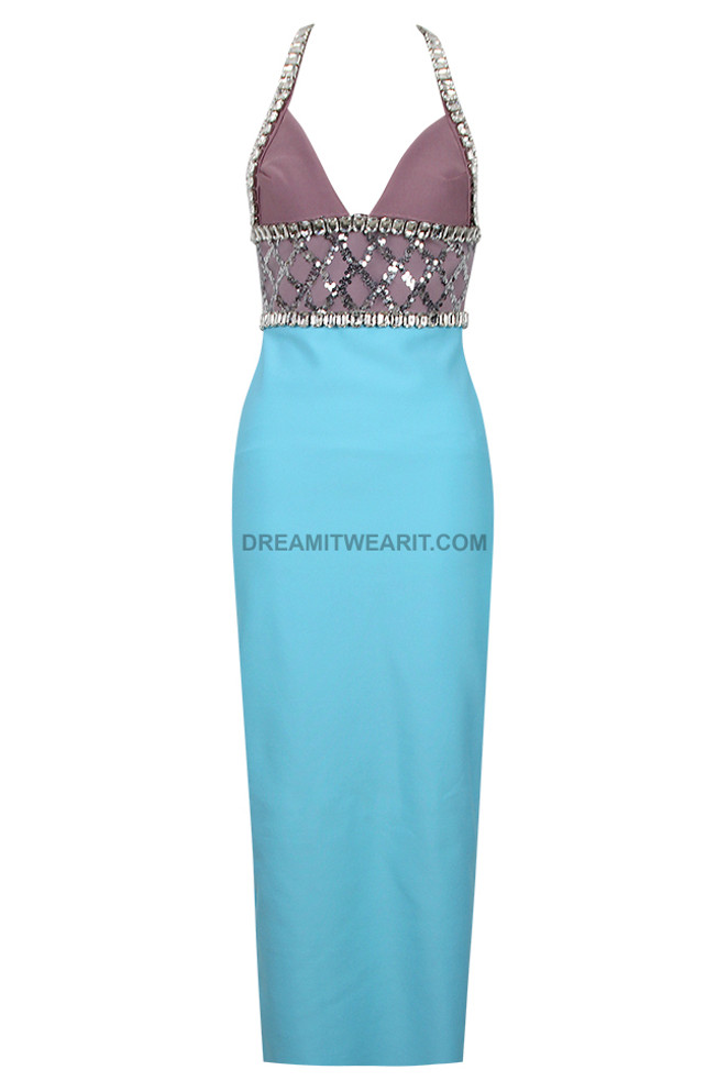 Halter Crystal Sequin Midi Dress Light Blue