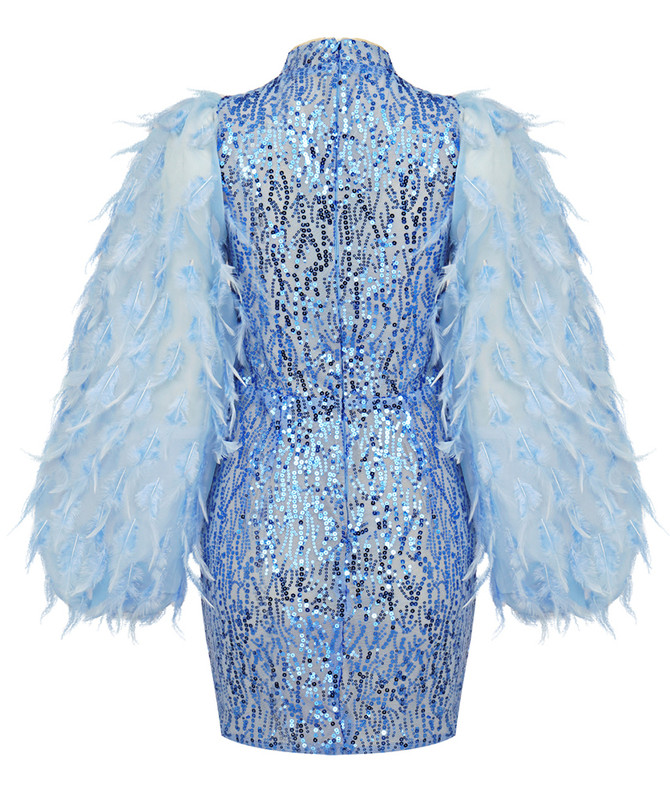 Feather Sleeves Sequin Dress Blue