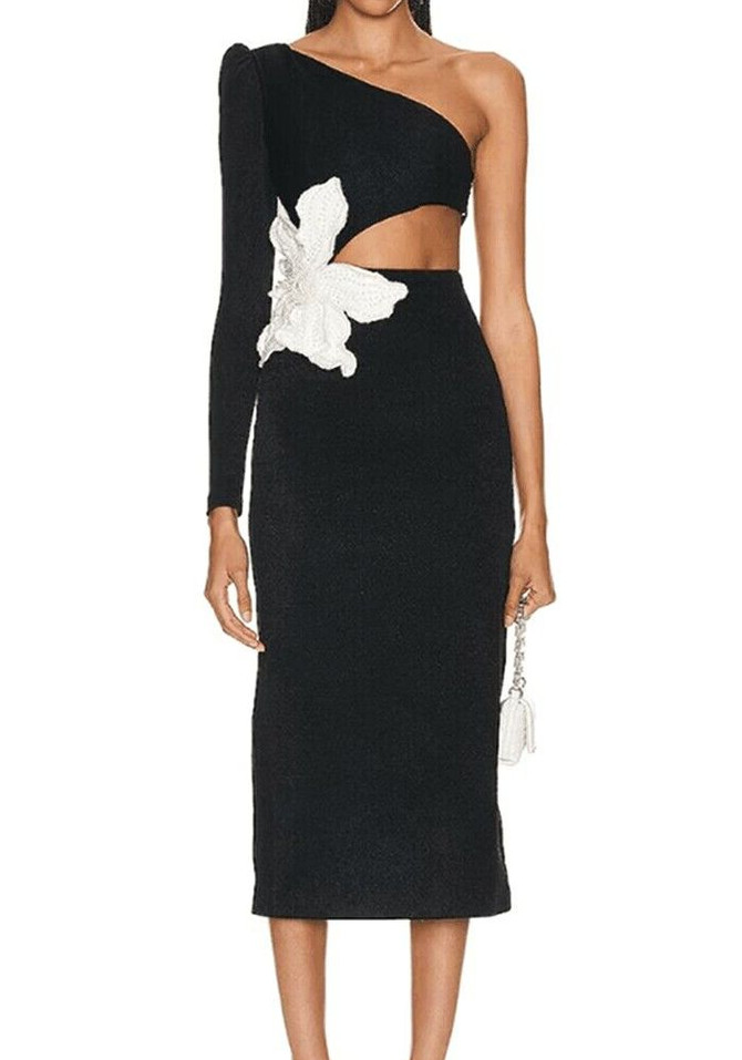 One Sleeve Pearl Flower Midi Dress Black