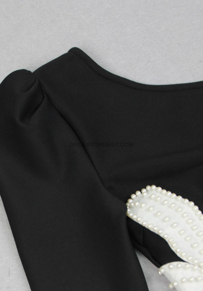 One Sleeve Pearl Flower Midi Dress Black