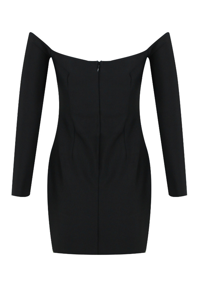 Long Sleeve Off Shoulder Crystal Bustier Dress Black