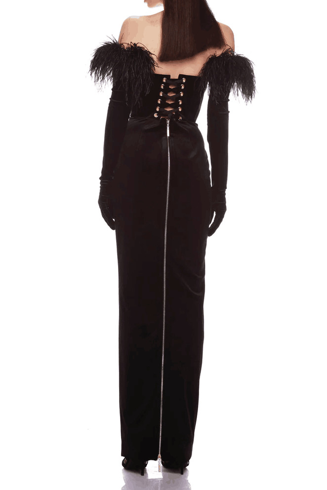 Long Sleeve Feather Corset Maxi Dress Black