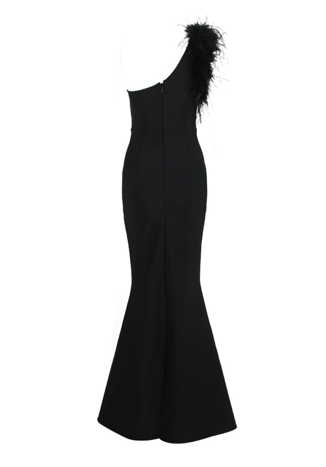 Feather One Shoulder Mermaid Maxi Dress Black