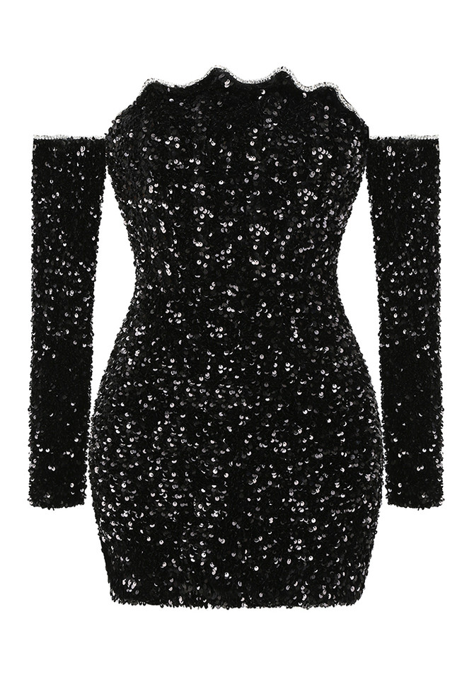 Long Sleeve Crystal Sequin Dress Black