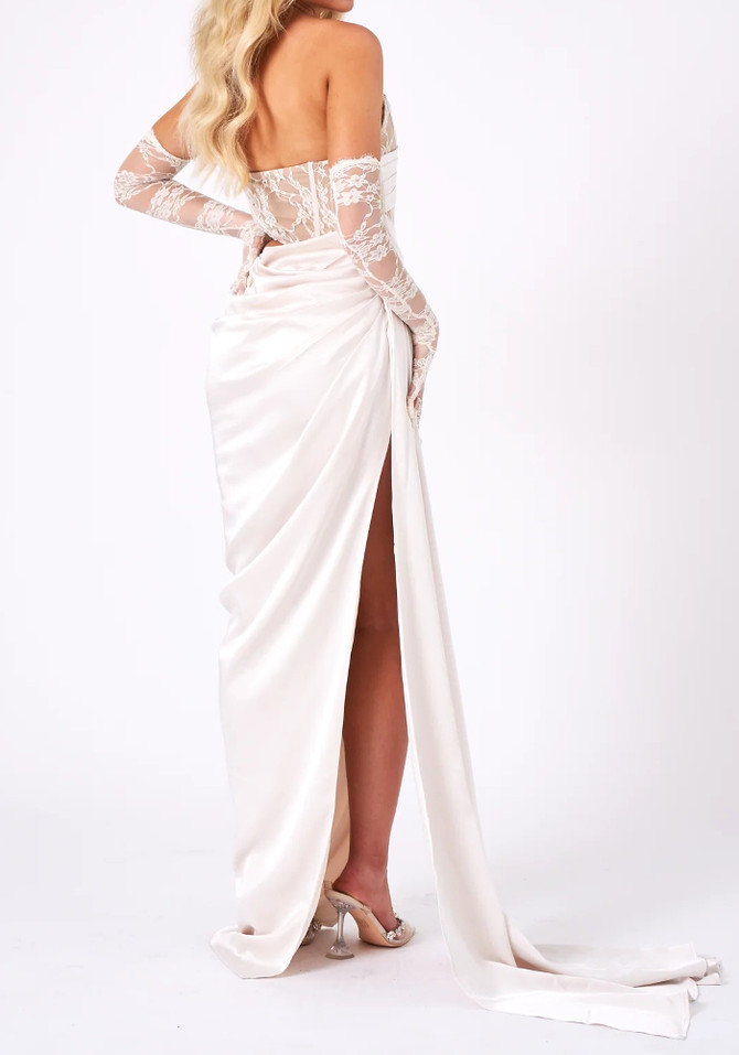 Strapless Lace Corset Draped Maxi Dress White