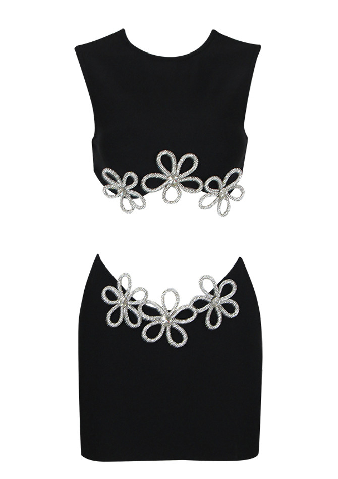 Crystal Flower Two Piece Dress Black