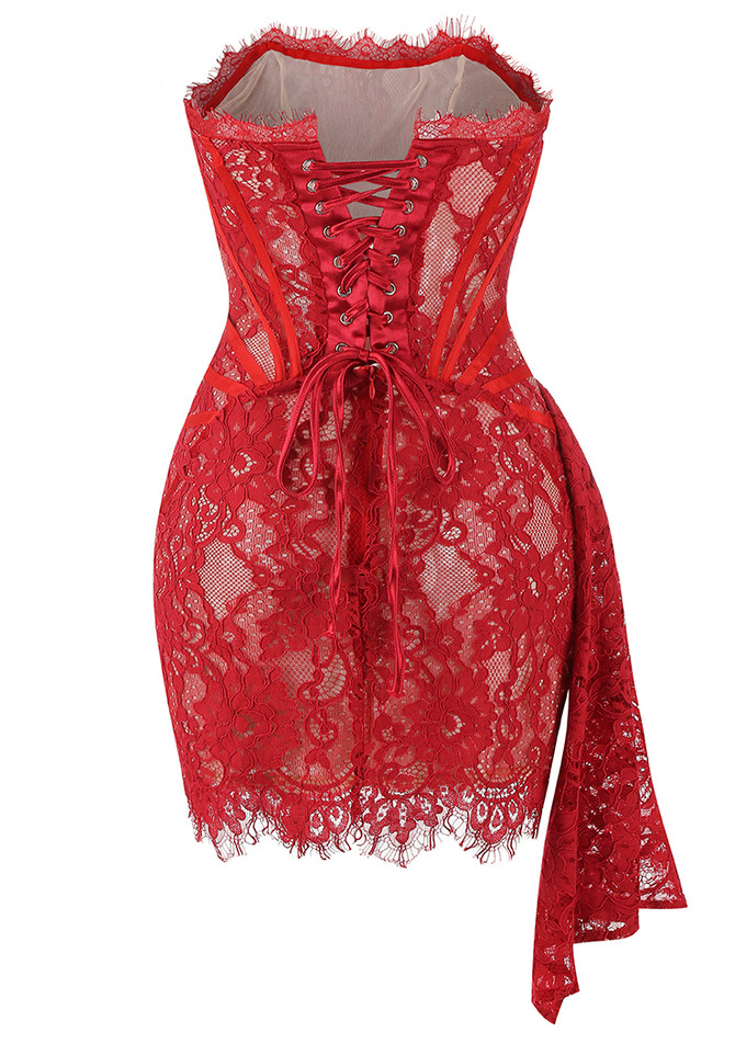 Strapless Lace Draped Corset Dress Red