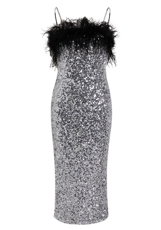 Feather Detail Sequin Midi Dress Silver Black