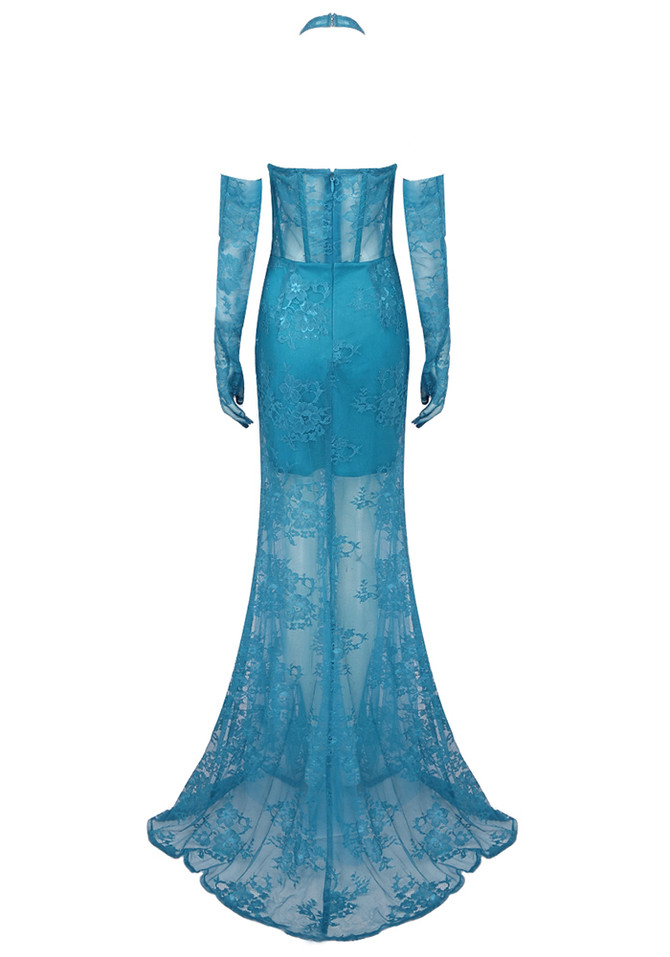 Halter Bustier Lace Mermaid Maxi Dress Blue