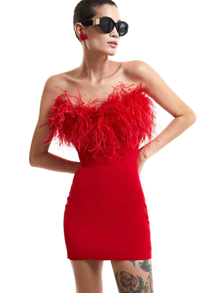 Strapless Feather Dress Red