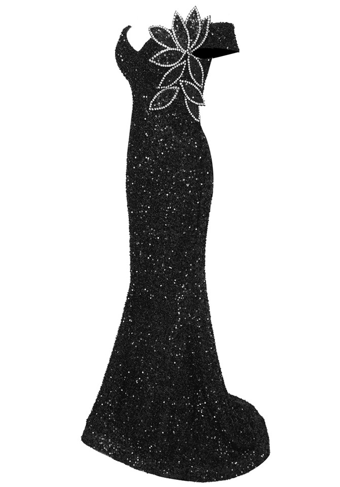 Off Shoulder Mermaid Maxi Sequin Dress Black