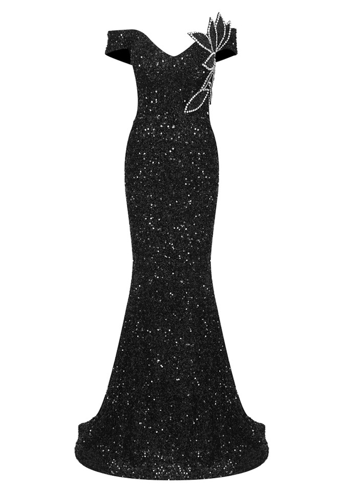 Off Shoulder Mermaid Maxi Sequin Dress Black