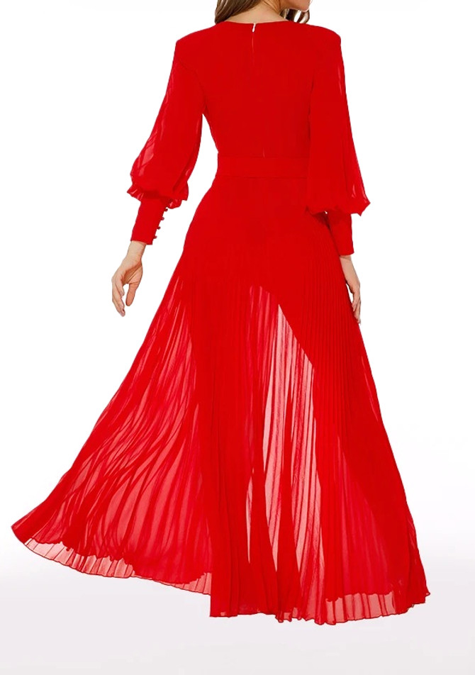 Long Sleeve Pleated Maxi Dress Red