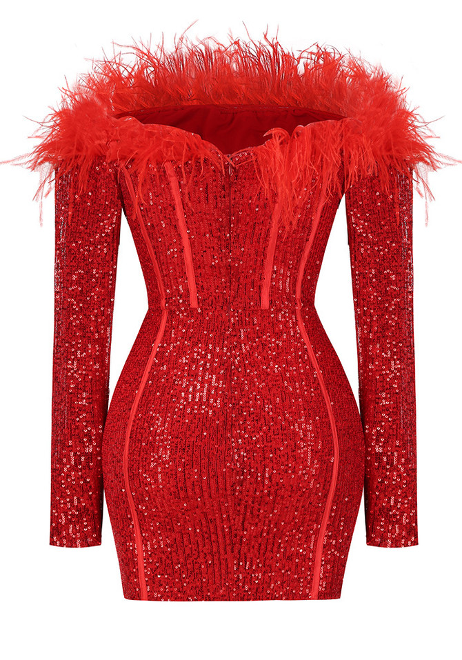 Long Sleeve Feathers Sequin Dress Red