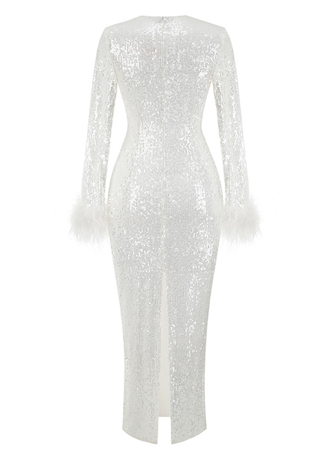 Long Sleeve Feather Detail Sequin Midi Dress White