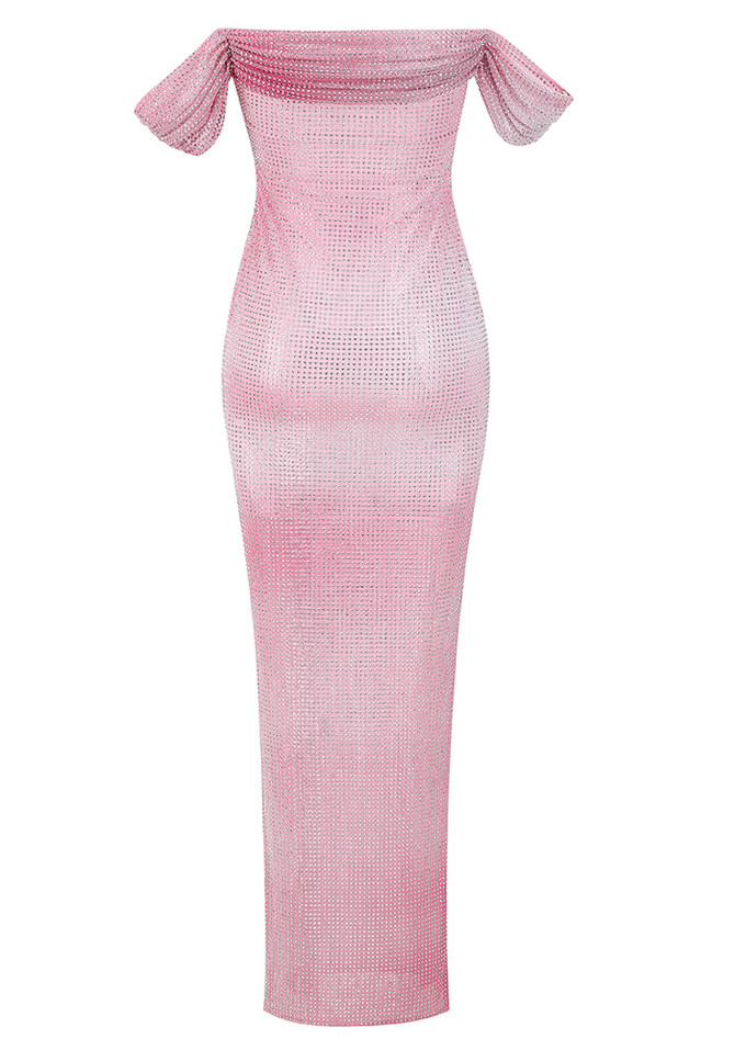 Off Shoulder Studded Maxi Dress Pink