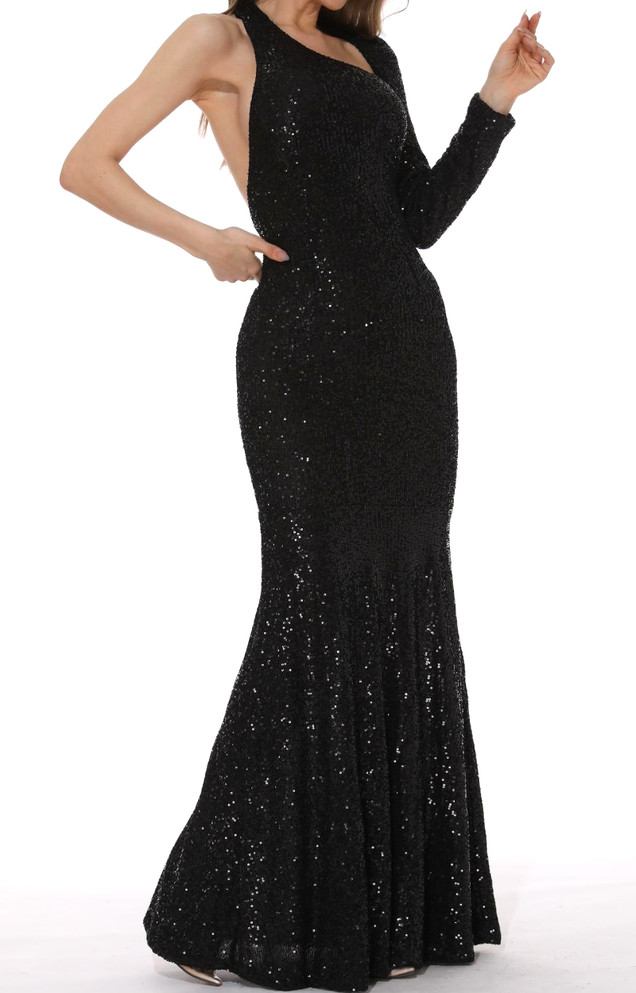 One Sleeve Sequin Mermaid Maxi Dress Black